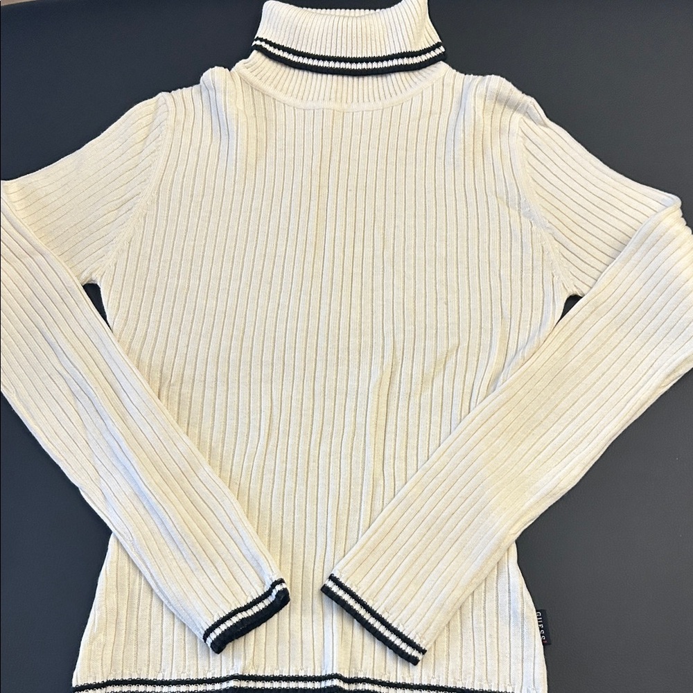 Guess Cream and Black Striped Turtleneck Sweater